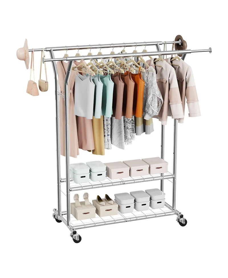 Ecooso Rolling Clothes Rack with 2 Hanging Rods & 2 Shelves, Adjustable Height, 264 lb Capacity, Carbon Steel Garment Rack with Wheels
