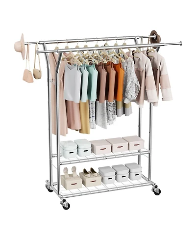 Ecooso Rolling Clothes Rack with 2 Hanging Rods & 2 Shelves, Adjustable Height, 264 lb Capacity, Carbon Steel Garment Rack with Wheels