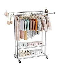 Ecooso Rolling Clothes Rack with 2 Hanging Rods & 2 Shelves, Adjustable Height, 264 lb Capacity, Carbon Steel Garment Rack with Wheels