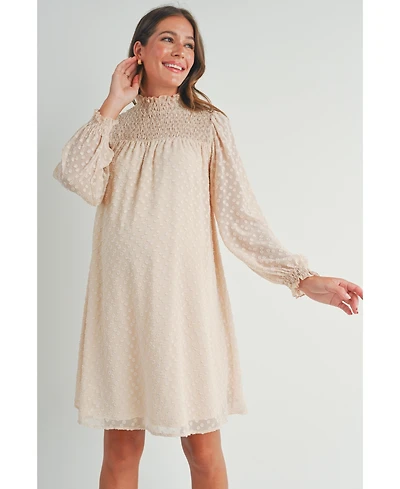 Hello Miz Maternity Smocked Neck Long Sleeve Textured Dot Dress