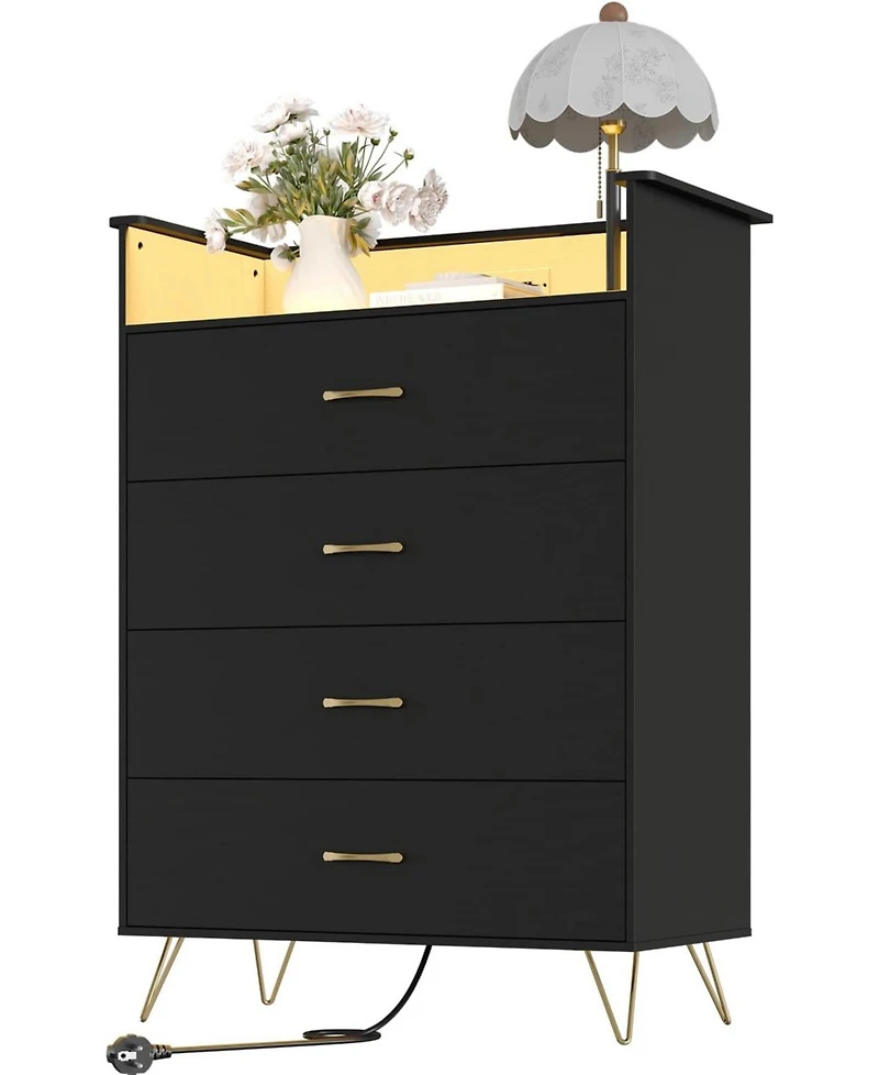gaomon Tall 4-Drawer Dresser with Rgb Lights & Charging Station, App Controlled Music Sync Led