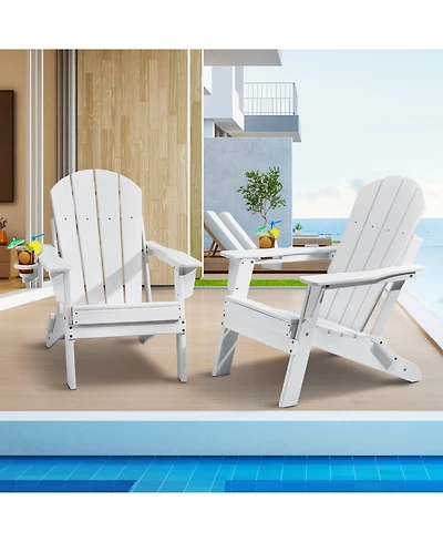 Mecale Set of 2 Plastic Adirondack Chairs, All-Weather Folding Patio Chairs with Cup Holder, Ergonomic Armrests