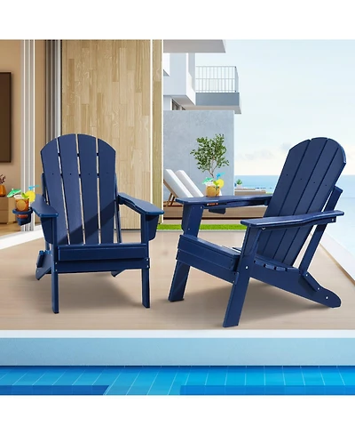 Mecale Set of 2 Plastic Adirondack Chairs, All-Weather Folding Patio Chairs with Cup Holder, Ergonomic Armrests