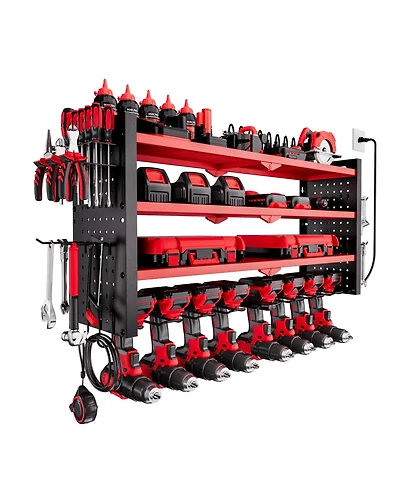 Mecale Power Tool Organizer with Charging Station, 4-Tier Wall Rack with 8 Drill Holders, Side Pegboard, Built-In 8-Outlet Power Strip