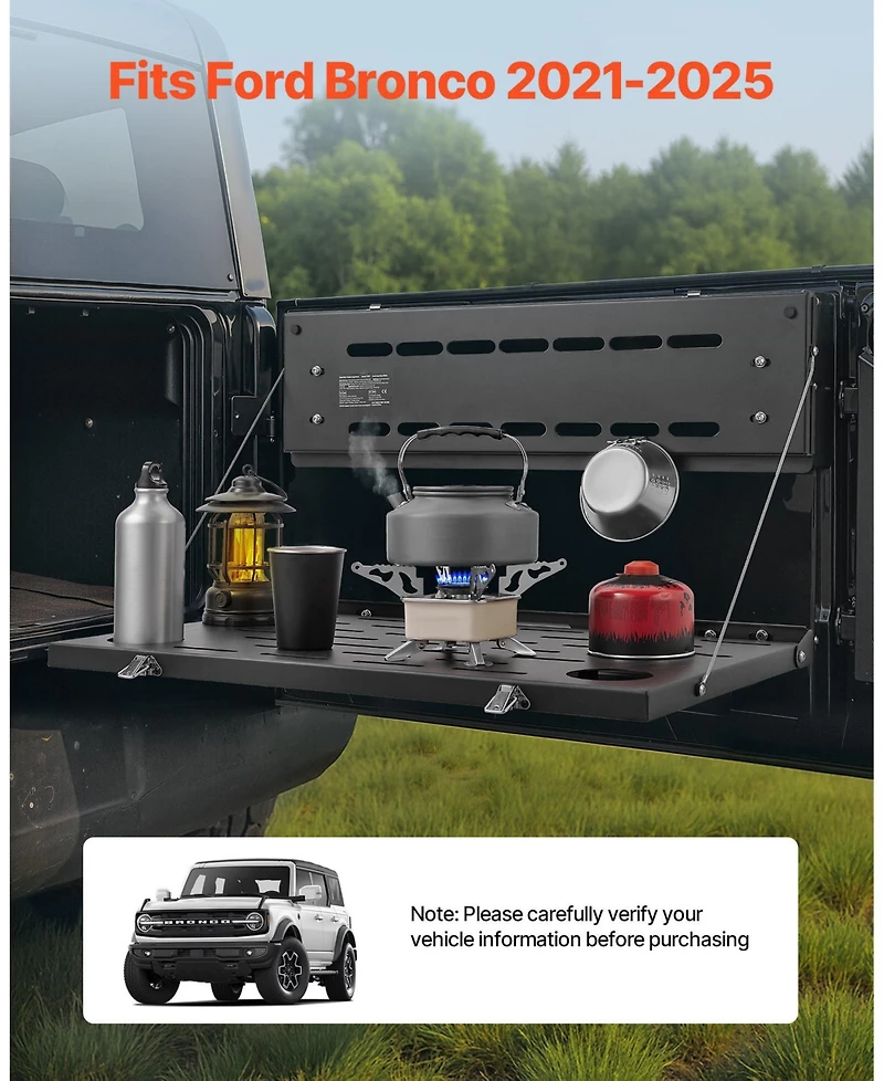 Mecale Tailgate Drop Down Table for 2021-2025 Ford Bronco, Carbon Steel Foldable Molle Panel, 88 lbs Load Capacity