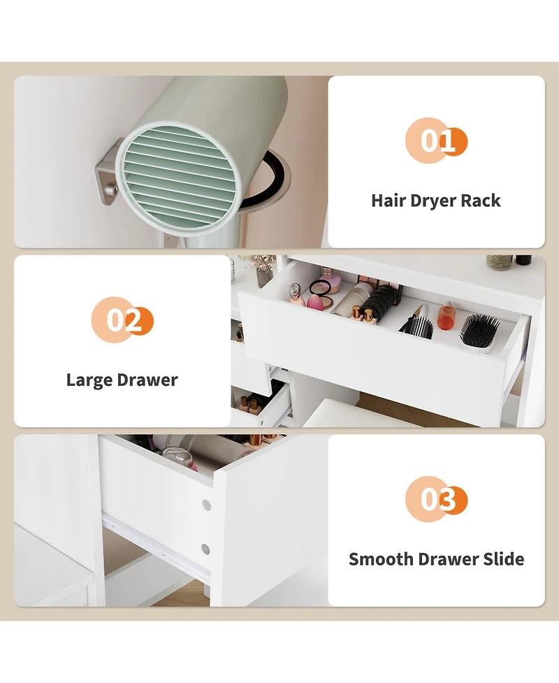 gaomon Vanity Set with Mirror and Adjustable Lights, Makeup Table Built-in Charging Station, Desk 4 Drawers,