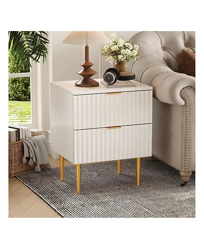 gaomon Modern Nightstand With 2 Drawers Golden And Wood Fluted Night Stand With Charging Station Bedside Table With Usb Ports