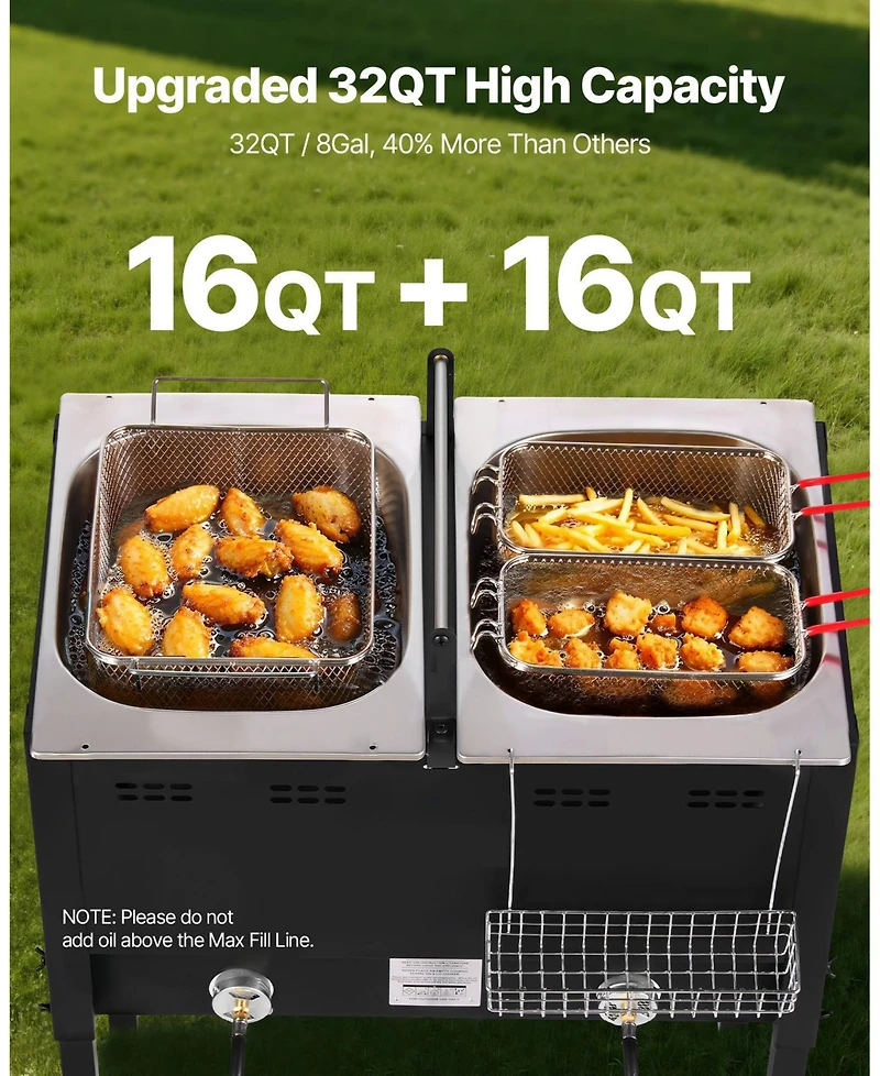Ecooso Outdoor Propane Deep Fryer, Dual-Tank 16QT x2, Stainless Steel Fryer with 3 Baskets, Thermometer, 50,000 Btu, Floor Standing
