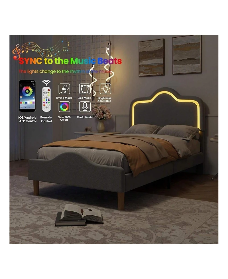 gaomon Upholstered Led Bed Frame with Headboard and Footboard Velvet Princess Platform Bedframe for Kids or Girls Wooden Slats Support No Box Spring