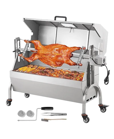 Ecooso 46" Rotisserie Charcoal Spit Grill with Hooded Cover, 132 lb Capacity, 52W Electric Motor, Stainless Steel Roaster, Lockable Wheels