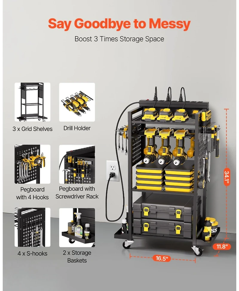Mecale 4-Tier Tool Organizer Cart with Charging Station, 8 Ac Outlets, Rolling Drill Holder & Tool Battery Storage Rack, Wheels, Garage Use