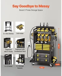 Mecale 4-Tier Tool Organizer Cart with Charging Station, 8 Ac Outlets, Rolling Drill Holder & Tool Battery Storage Rack, Wheels, Garage Use