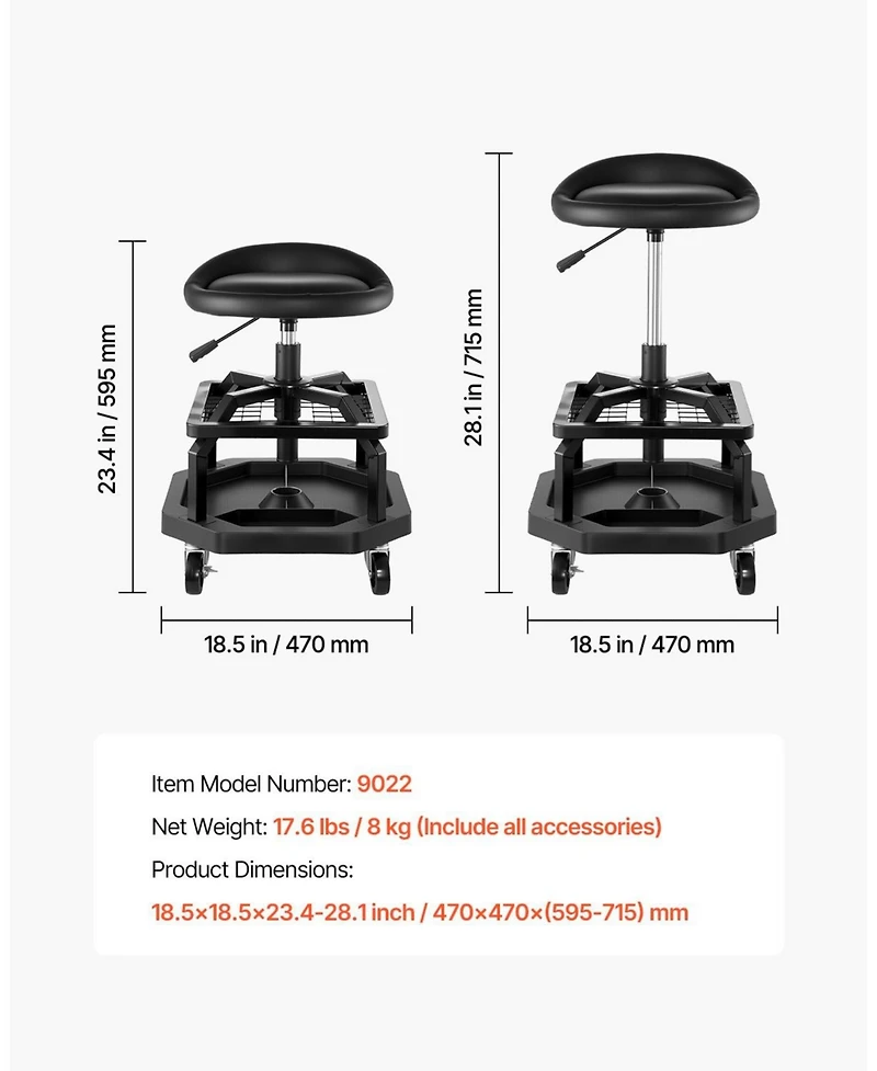 Mecale Pneumatic Rolling Shop Stool, Adjustable Height Garage Work Stool, 300 lb Capacity, 360° Swivel Padded Seat with Casters