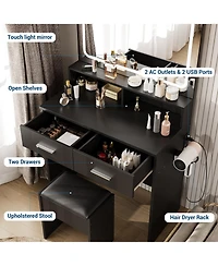 gaomon Vanity Set with 3-Color Adjustable Led Mirror Power Outlet and 2 Drawers Modern Dressing Table with Stool
