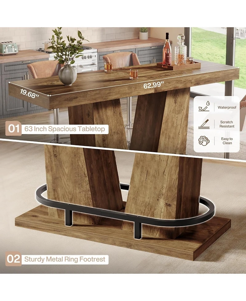 Tribesigns 62.99" Industrial Bar Table for 4-6, Rectangle Counter Height Pub Table with Metal Footrest, Home Bar Units