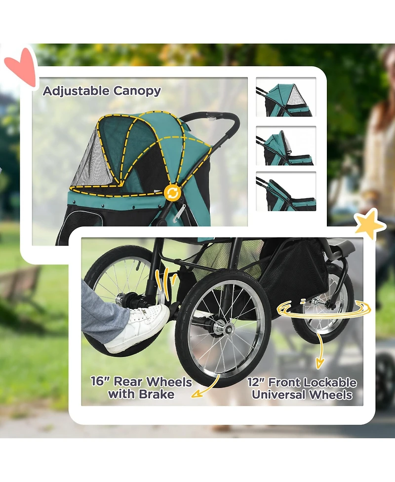 PawHut Pet Stroller for Small and Medium Dogs, 3 Big Wheels Foldable Cat Stroller with Adjustable Canopy, Safety Tether, Storage Basket