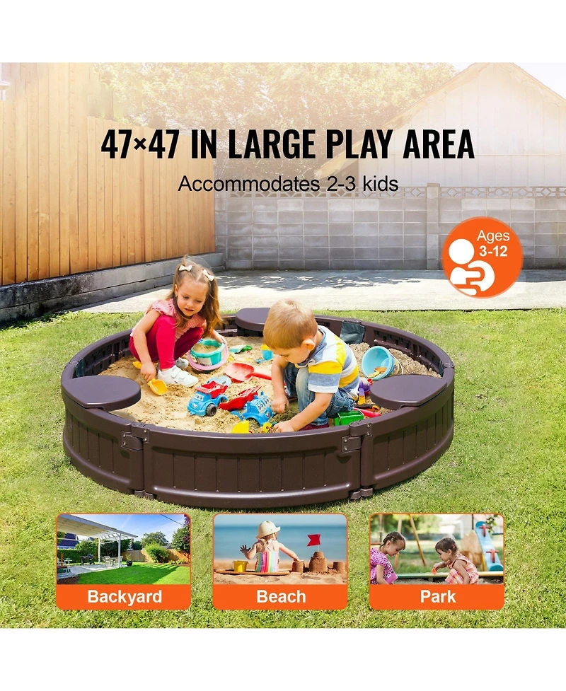 Mecale Round Sandbox w/ Cover, 47.2" x 9.1", Hdpe w/ 3 Corner Seats & Bottom Liner, Ages 3-12
