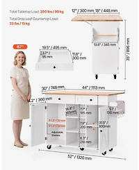 Volenca 52" Kitchen Island Cart with Solid Wood Top, Storage Cabinet, Drop Leaf, Drawers, Spice Rack, Towel Rack, Swivel Wheels
