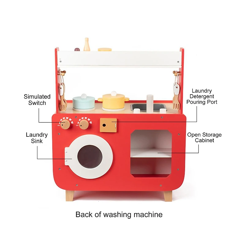 Bruce & Shark Wooden Kids Play Kitchen Toy Set with Washer, Oven, Realistic Sink & Storage