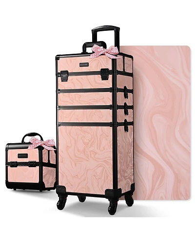 Byootique Rolling Makeup Train Case Trolley w/ Cube Case Cosmetic Organizer Pink