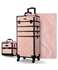 Byootique Rolling Makeup Train Case Trolley w/ Cube Case Cosmetic Organizer Pink