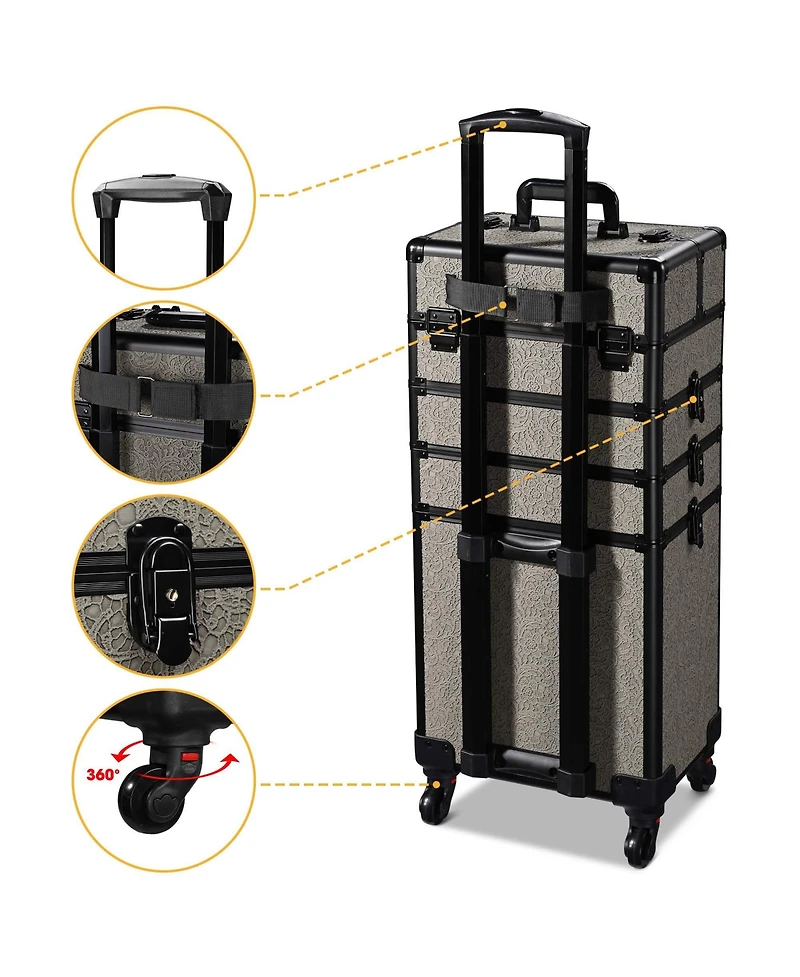 Byootique Makeup Train Case Trolley w/ Cube Case Cosmetic Organizer Gray