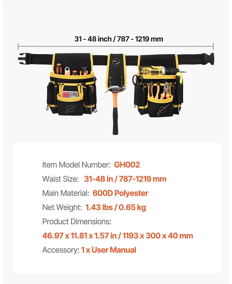 Magnetic Tool Belt Pouch, 28 Pockets Heavy-Duty Utility Tool Belt, Detachable Work Bag, Adjustable Waist 31–48 in