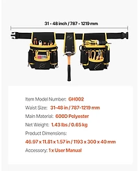 Magnetic Tool Belt Pouch, 28 Pockets Heavy-Duty Utility Tool Belt, Detachable Work Bag, Adjustable Waist 31–48 in