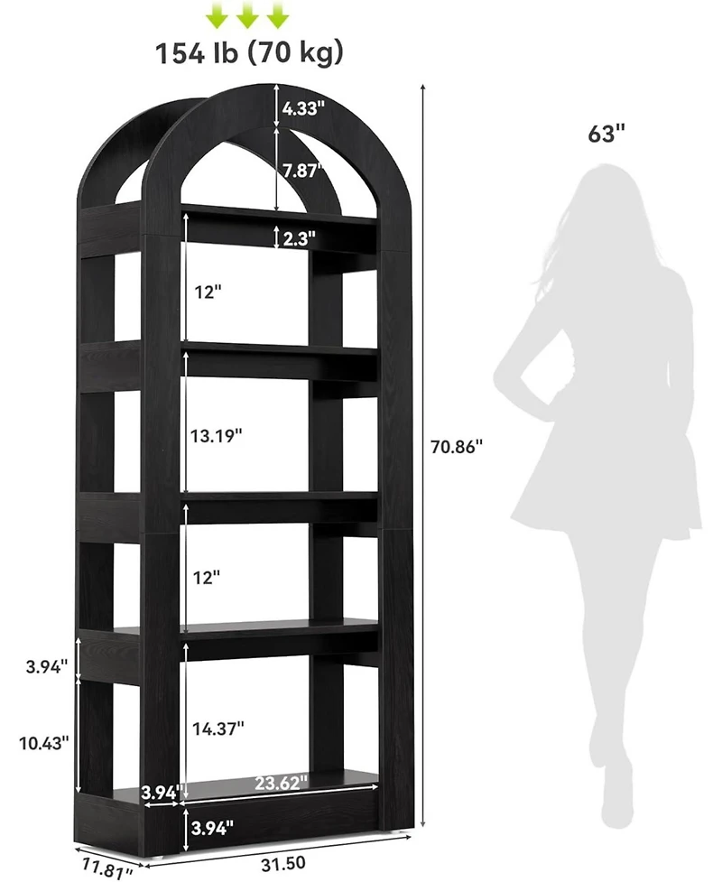 Tribesigns 5-Tier Bookshelf, Arch-Shaped Racks, Tall Standing Wooden Bookcase Display Shelf Modern Storage Solution