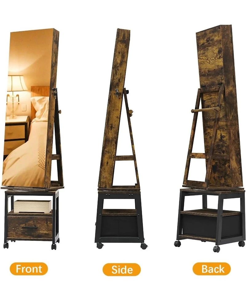gaomon 360° Swivel Jewelry Armoire with Storage Shelf & Drawer – 66" H Full-Length Mirror Floor Standing Organizer Wheels