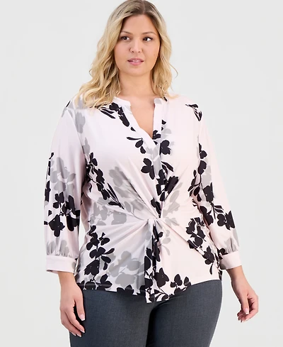 Anne Klein Plus Printed Twist-Front Top