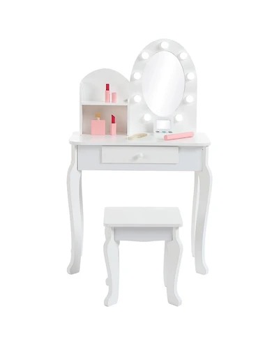 gaomon Girls' Vanity Set with Light and Mirror, Makeup Table Stool for Kids, Wood Dressup Playset 4-9