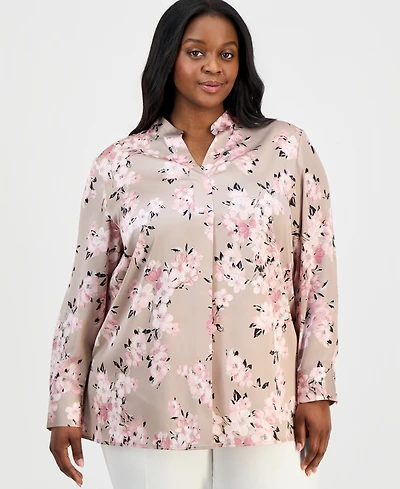 Anne Klein Plus Printed Long-Sleeve Popover Blouse
