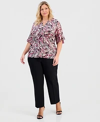 Anne Klein Essentials Plus Split-Neck Printed Flutter-Sleeve Top
