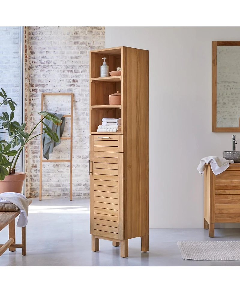 Tikamoon Solid Natural Teak Wood Bathroom Cabinet Tower Storage Adjustable Shelves