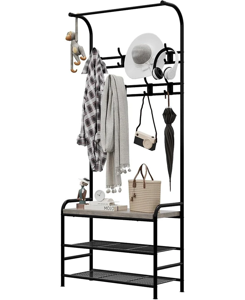 gaomon Entryway Hall Tree, 4-in-1 Freestanding Coat Rack with Shoe Storage Bench, 3-Tier Shelf, Hanging Rod, and 8 Adjustable Hooks for Entryway