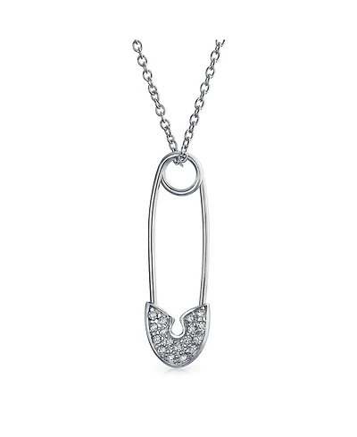 Bling Jewelry Pave Cubic Zirconia Cz Accent Safety Pin Pendant Necklace .925 Sterling Silver