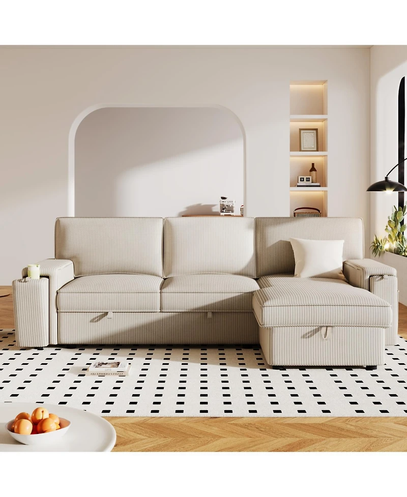 Simplie Fun Upholstery Sleeper Sectional Sofa With Storage Bags And 2 Cup Holders On Arms