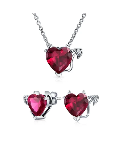 Bling Jewelry Cubic Zirconia Ruby Red Cz Devil Heart Stud Earring Pendant Set Sterling Silver