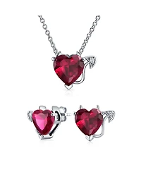 Bling Jewelry Cubic Zirconia Ruby Red Cz Devil Heart Stud Earring Pendant Set Sterling Silver