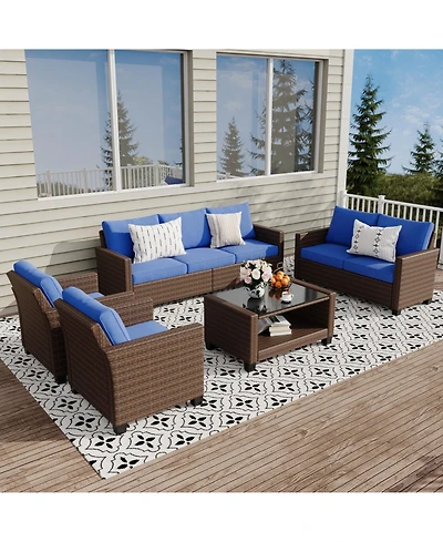 Patio Furniture Set 5 Pieces, Rattan Wicker Sectional Patio Seating Sofas with Cushions and Glass Coffee Table