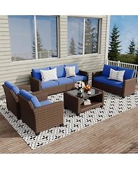 Patio Furniture Set 5 Pieces, Rattan Wicker Sectional Patio Seating Sofas with Cushions and Glass Coffee Table
