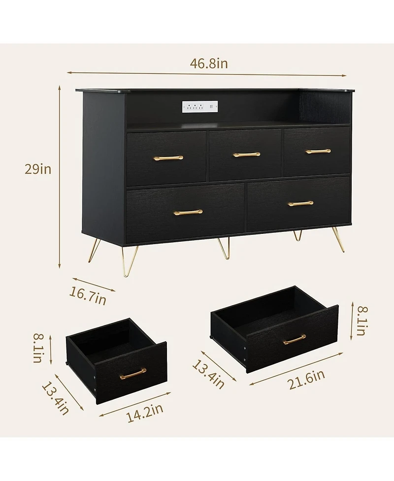 gaomon 5 Drawer Dresser for Bedroom, 47 Modern Wooden with Led Lights & Charging Station