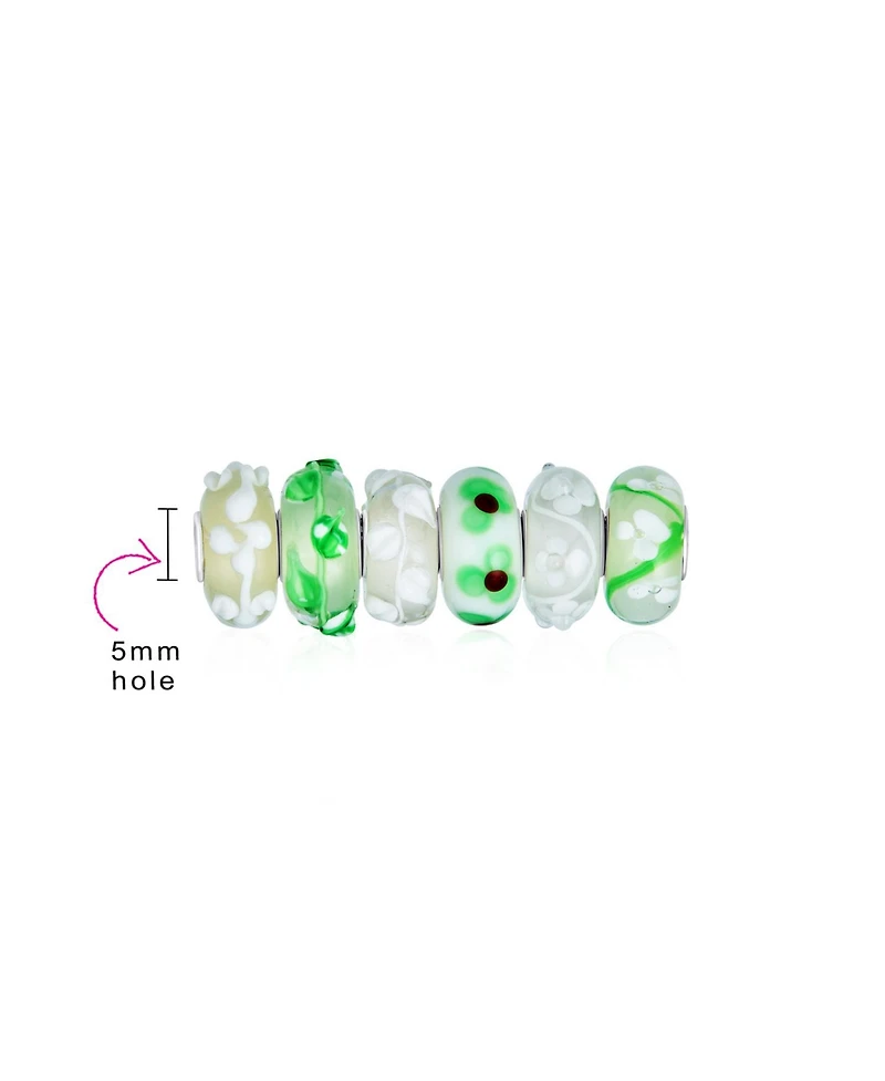 Bling Jewelry White Green 3D Floral Murano Glass Charm Bead Set Sterling Silver for Bracelet