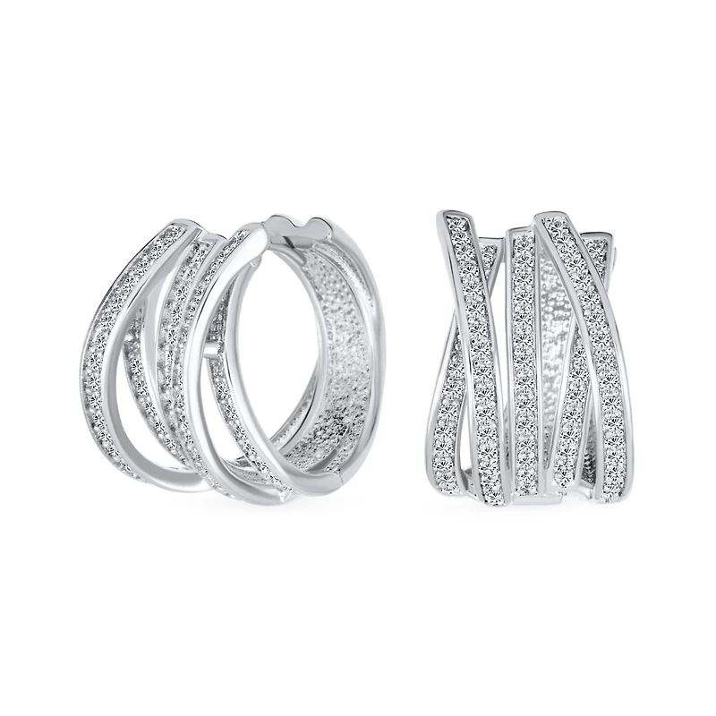 Bling Jewelry Pave Cz Five Rows Wide Criss Cross Huggie Hoop Earrings Wedding Party 0.6 Inch Gold Plated