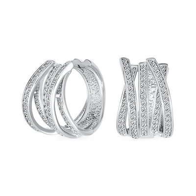 Bling Jewelry Pave Cz Five Rows Wide Criss Cross Huggie Hoop Earrings Wedding Party 0.6 Inch Gold Plated