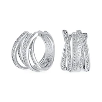 Bling Jewelry Pave Cz Five Rows Wide Criss Cross Huggie Hoop Earrings Wedding Party 0.6 Inch Gold Plated