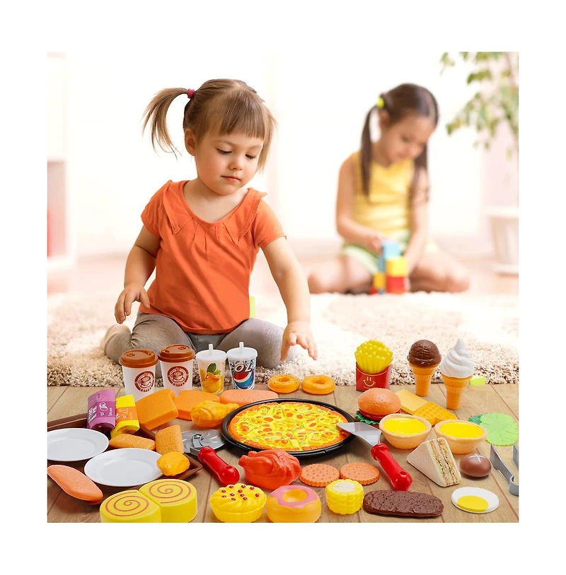 Bruce & Shark 56-Piece Kids Pretend Diner Playset, Toy Food Set with Hamburger, Fries, Sandwich & Waffle