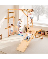 Slickblue Indoor Playground Jungle Gym, 8-in-1 Wooden Indoor Playground Playset