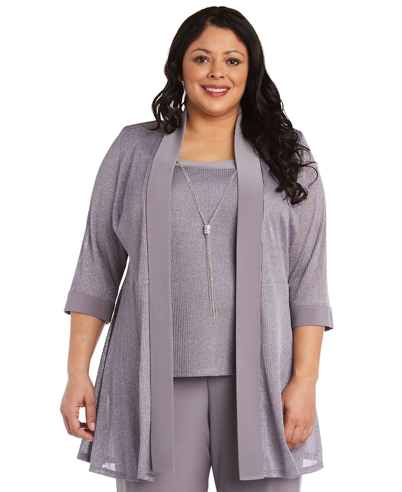 R & M Richards Plus 3-Pc. Metallic Jacket, Necklace Top Pants Set